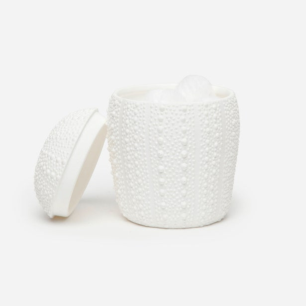 Pigeon & Poodle Hilo bath canister in white with raised dot texture, lid ajar.