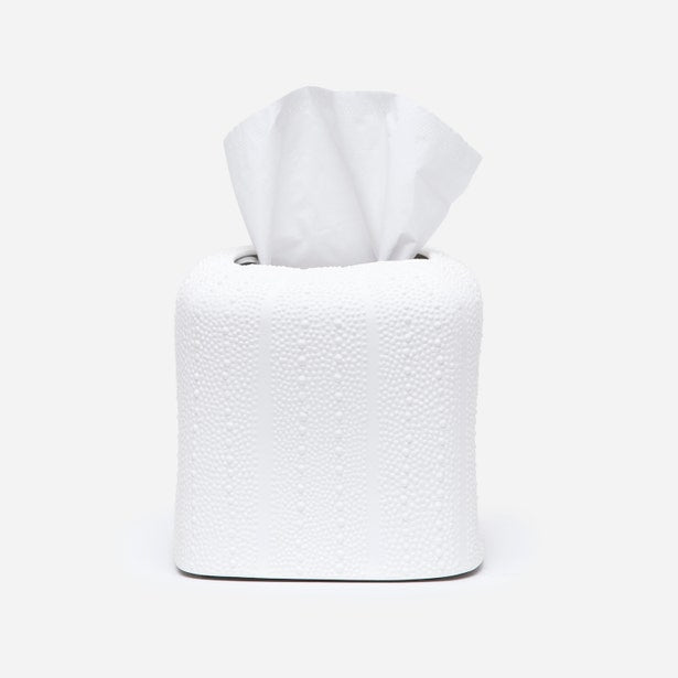 Pigeon & Poodle Hilo white textured tissue box cover with tissues, front view.