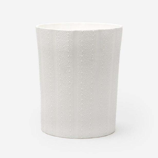 Pigeon & Poodle Hilo wastebasket in white with textured dotted stripe pattern.