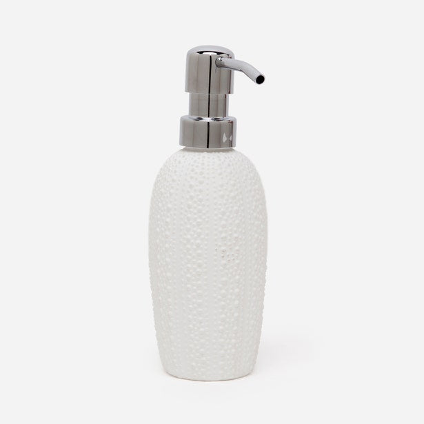 Pigeon & Poodle Hilo soap pump in white textured ceramic with polished silver pump top.
