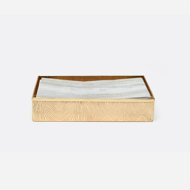 Pigeon & Poodle Humbolt hand towel tray in gold with engraved wave pattern exterior.