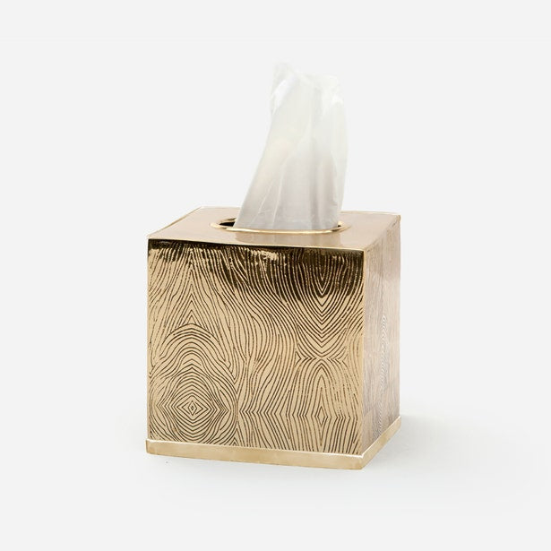 Pigeon & Poodle Humbolt tissue box in brushed gold with engraved wood-grain pattern.