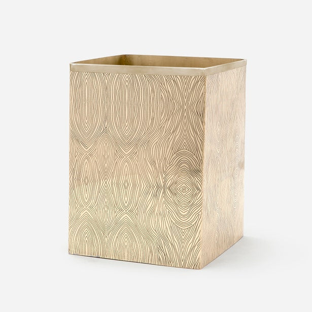 Pigeon & Poodle Humbolt wastebasket in brushed gold with engraved organic oval pattern.