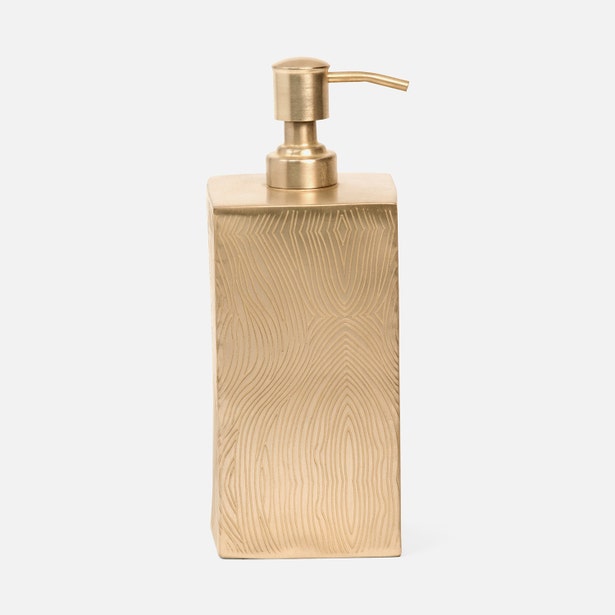 Pigeon & Poodle Humbolt soap pump in brushed gold with embossed wave-line texture.