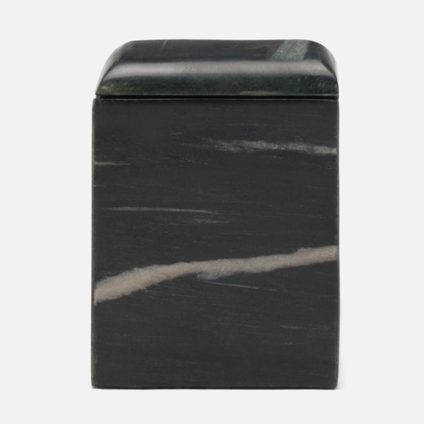 Pigeon & Poodle Kavala bath canister in black marble with white veining, side view.