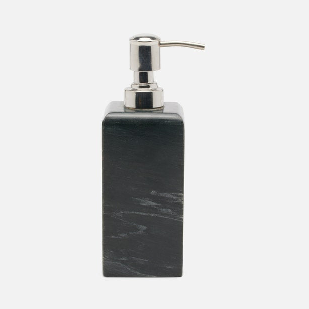 Pigeon & Poodle Kavala soap pump in black marble with polished nickel pump top.