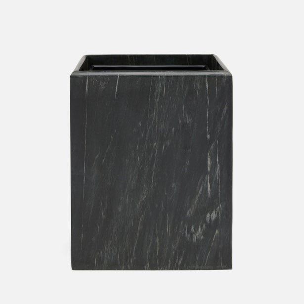 Pigeon & Poodle Kavala wastebasket in black marble with white veining, square form.
