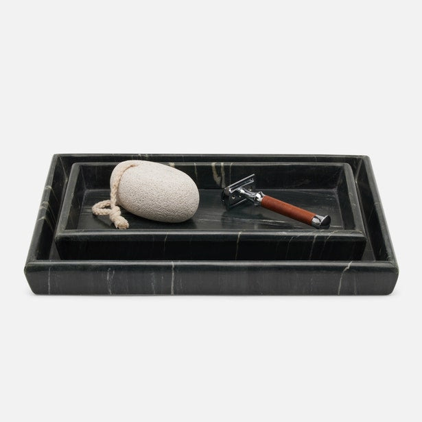 Pigeon & Poodle Kavala nesting tray set in black marble with white veining, styled with stone and razor.