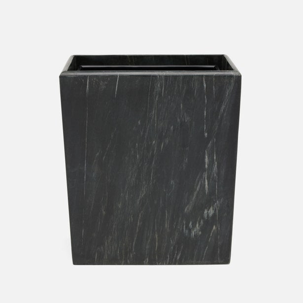 Pigeon & Poodle Kavala wastebasket in black marble with white veining, front angle.