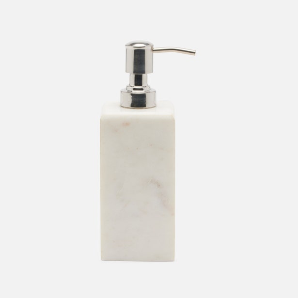 Pigeon & Poodle Kavala soap pump in white marble with silver pump, angled side view.