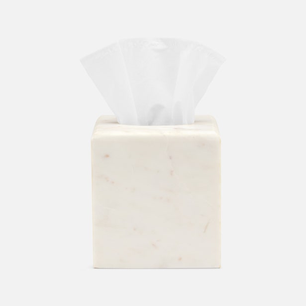 Pigeon & Poodle Kavala tissue box in white marble with subtle veining, tissue pulled through top opening.