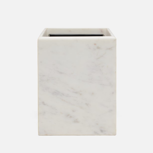 Pigeon & Poodle Kavala wastebasket in white marble, square form with gray veining.