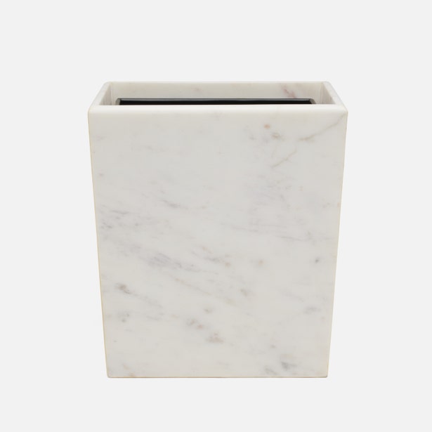 Pigeon & Poodle Kavala wastebasket in white marble with grey veining, rectangular form.