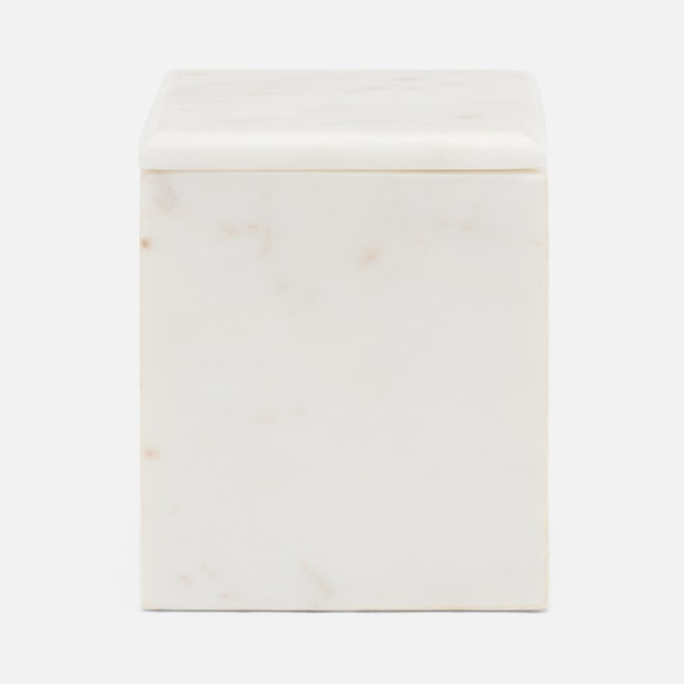 Pigeon & Poodle Kavala bath canister in white marble with warm rose veining.