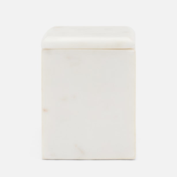 Pigeon & Poodle Kavala bath canister in white marble with fitted lid, side view.