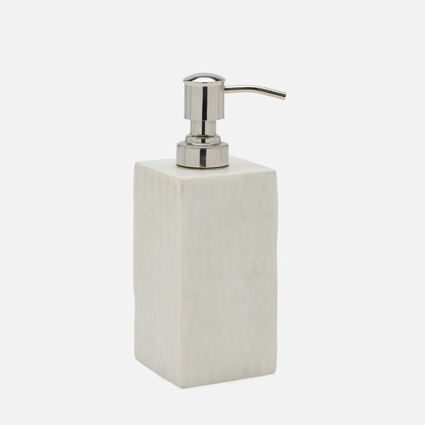 Pigeon & Poodle Kuna soap pump in white with ribbed texture and polished nickel dispenser.