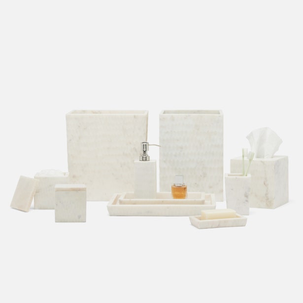 Pigeon & Poodle Kuna collection in white capiz shell, full set styled on grey background.
