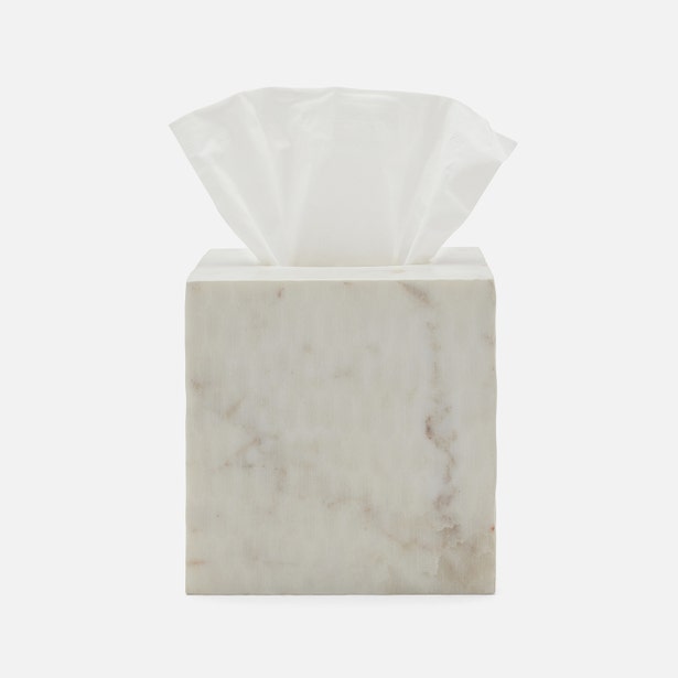 Pigeon & Poodle Kuna tissue box in white marble with natural grey veining.