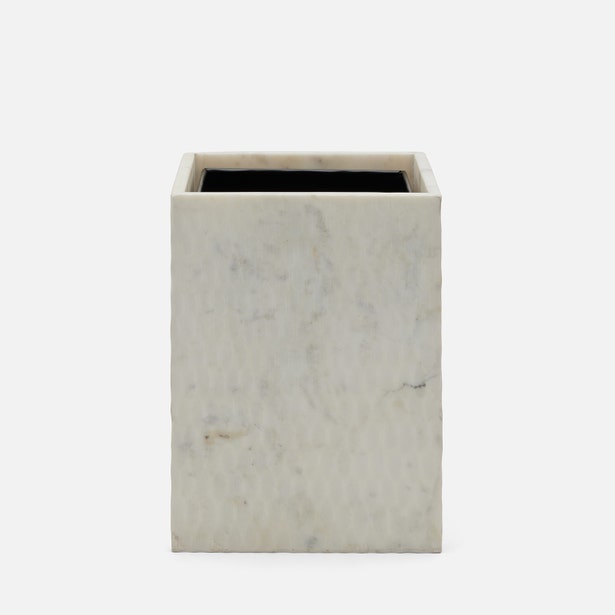 Pigeon & Poodle Kuna wastebasket in white marble with grey veining, square form.
