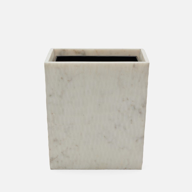 Pigeon & Poodle Kuna wastebasket in white marble with grey veining, black interior.
