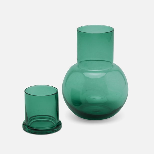 Pigeon & Poodle Lausanne carafe and glass set in translucent emerald green glass.