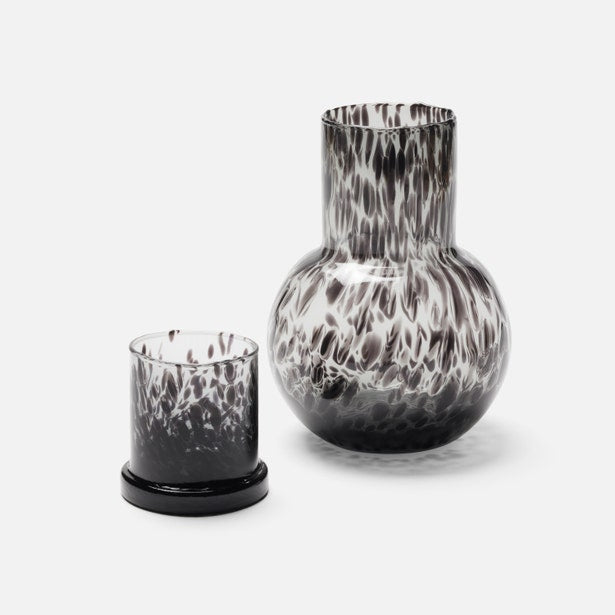 Lausanne carafe and tumbler set in charcoal tortoise-speckled glass on white background.
