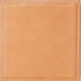 Tan leather square coaster with stitched border detail.