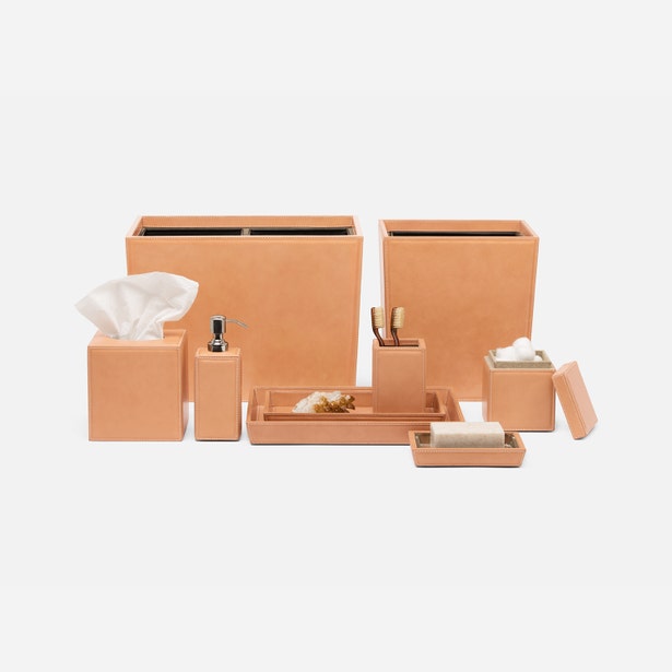Pigeon & Poodle Lorient bathroom accessories set in tan leather-wrapped finish.