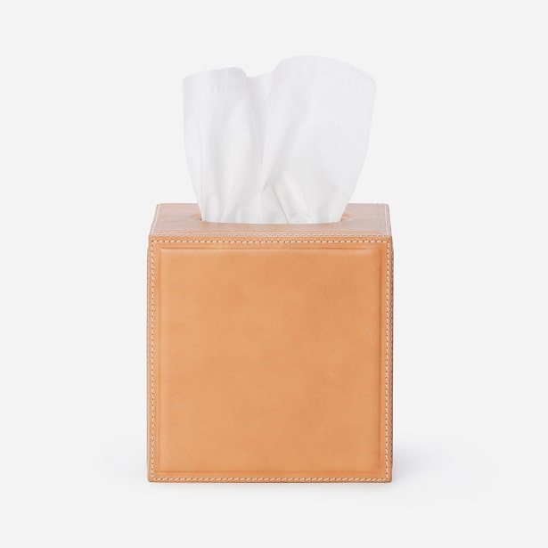Pigeon & Poodle Lorient tissue box in tan leather with contrast stitching detail.
