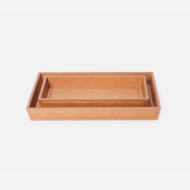 Pigeon & Poodle Lorient nesting tray set in tan leather with contrast stitching.