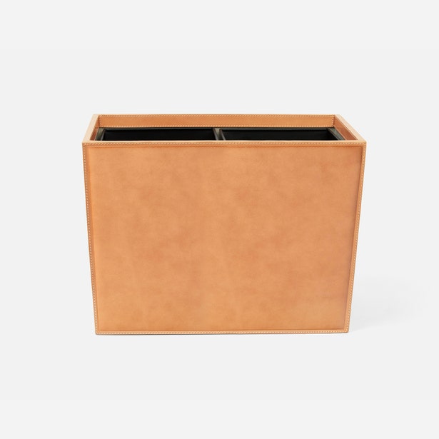 Pigeon & Poodle Lorient wastebasket in tan leather with contrast stitching and black interior.