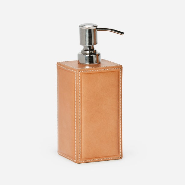 Pigeon & Poodle Lorient soap pump in tan leather with contrast stitching and chrome pump.