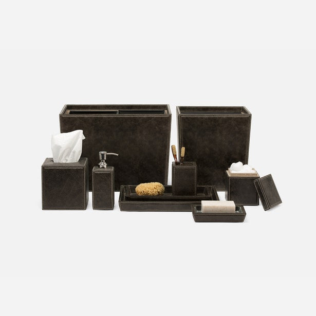 Full collection of Pigeon & Poodle Lorient bath accessories in dark brown textured finish.