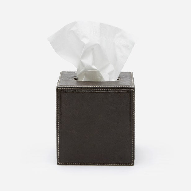 Dark espresso faux leather tissue box with contrast stitching, tissue pulled through top opening.
