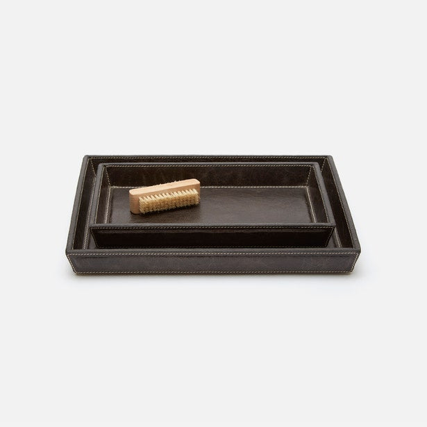 Pigeon & Poodle Lorient tray set in dark espresso, white-stitched edges, small brush accessory displayed.