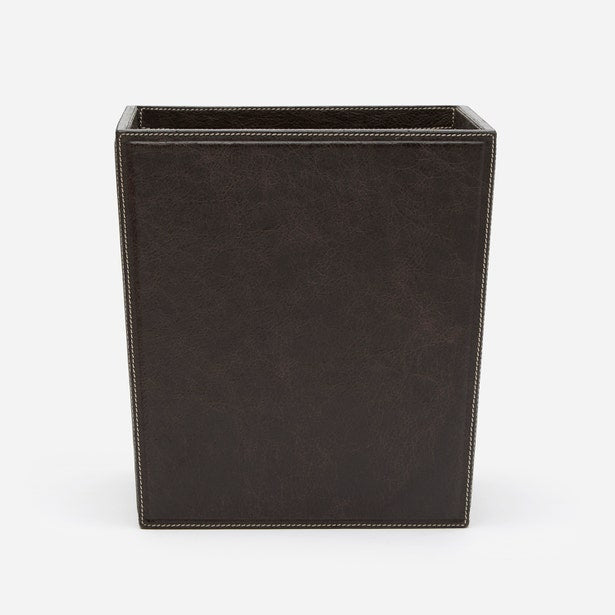 Dark espresso leather wastebasket with contrast white topstitching detail along edges.