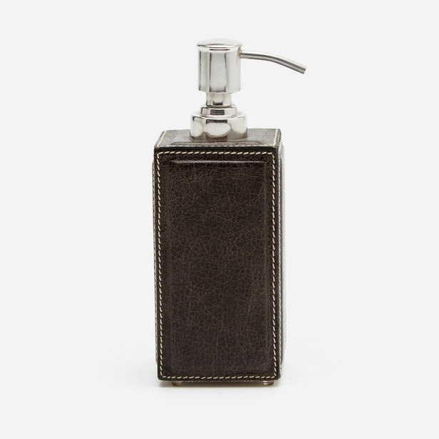 Pigeon & Poodle Lorient soap pump, close-up of dark brown leather casing with contrast stitching.