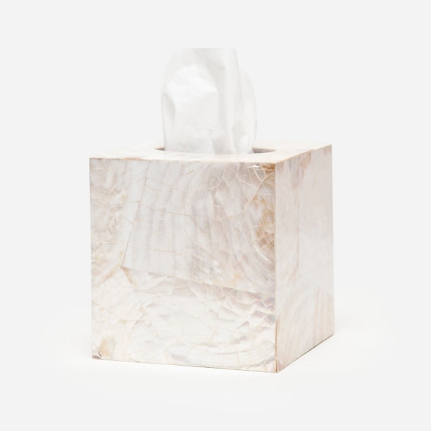Pigeon & Poodle Lugano tissue box in pearl capiz shell finish with tissue extended.