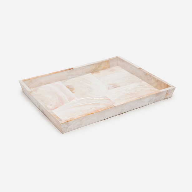 Pigeon & Poodle Lugano tray, angled view showing pearl inlay panel mosaic surface.