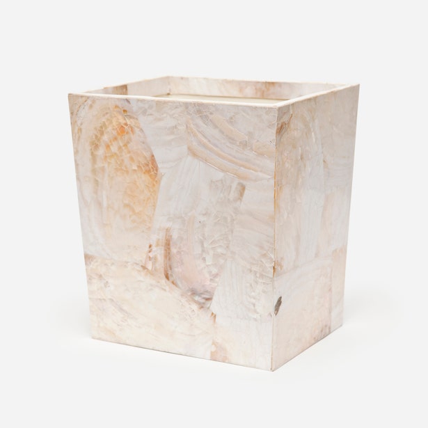Pigeon & Poodle Lugano wastebasket, close-up of ivory and blush onyx stone panels.