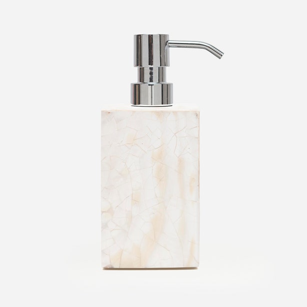 Pigeon & Poodle Lugano soap pump in ivory resin with chrome pump dispenser.