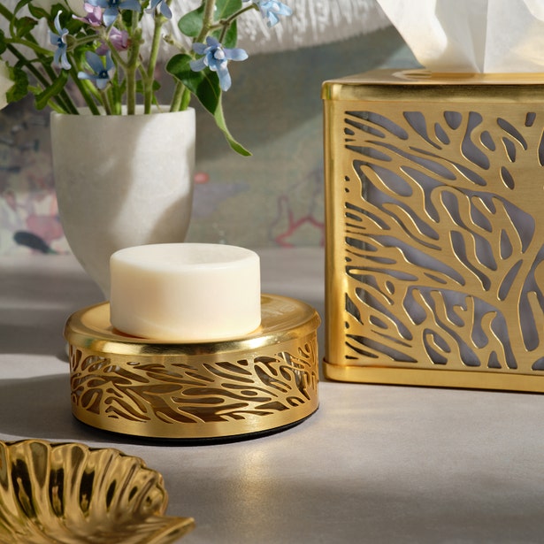 Pigeon & Poodle Lynn gold filigree soap dish holding white bar soap, tissue box in background.