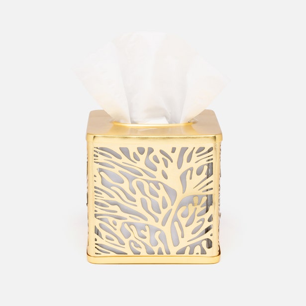 Pigeon & Poodle Lynn gold tissue box with coral-cut lattice detailing and white tissue.