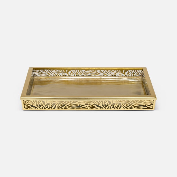 Pigeon & Poodle Lynn tray in gold with filigree branch border detail, angled view.