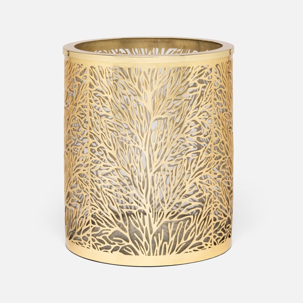 Pigeon & Poodle Lynn wastebasket in gold with coral branch cutout pattern.