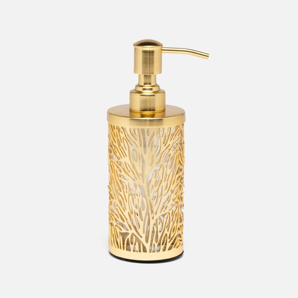 Pigeon & Poodle Lynn soap pump in gold with coral branch cutout cylinder design.