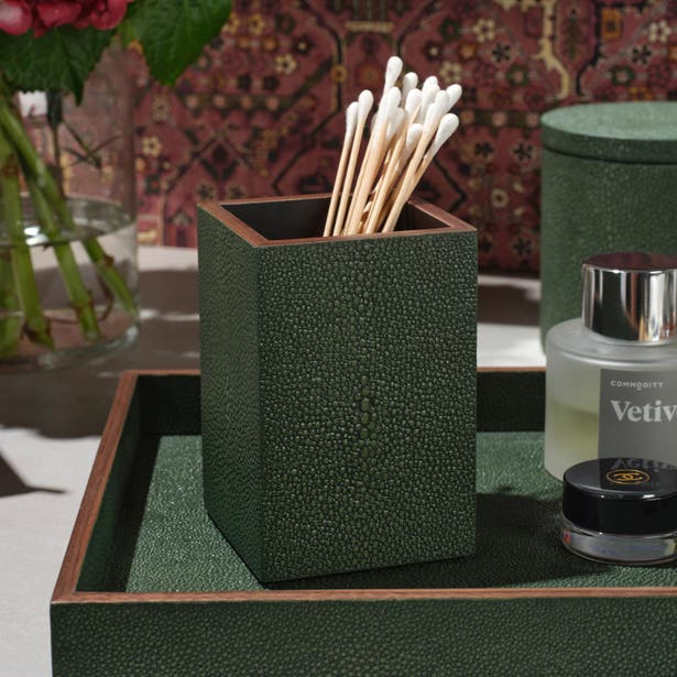 Pigeon & Poodle Manchester bath canister in forest green shagreen, filled with cotton swabs.