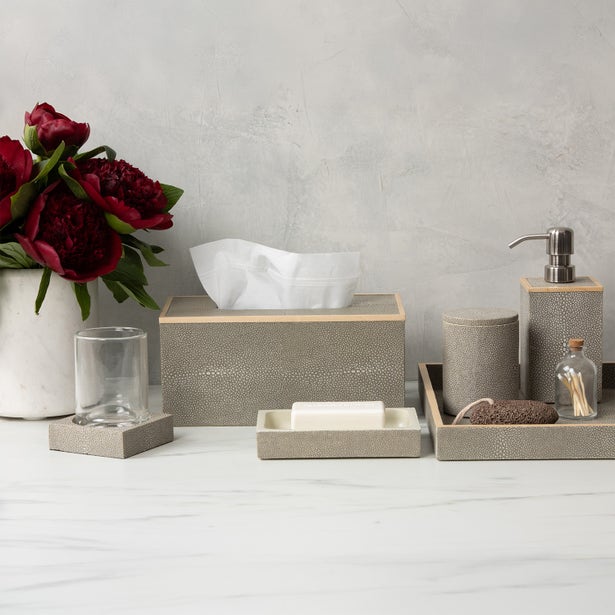 Pigeon & Poodle Manchester bath accessories in grey shagreen texture, styled with red peonies.
