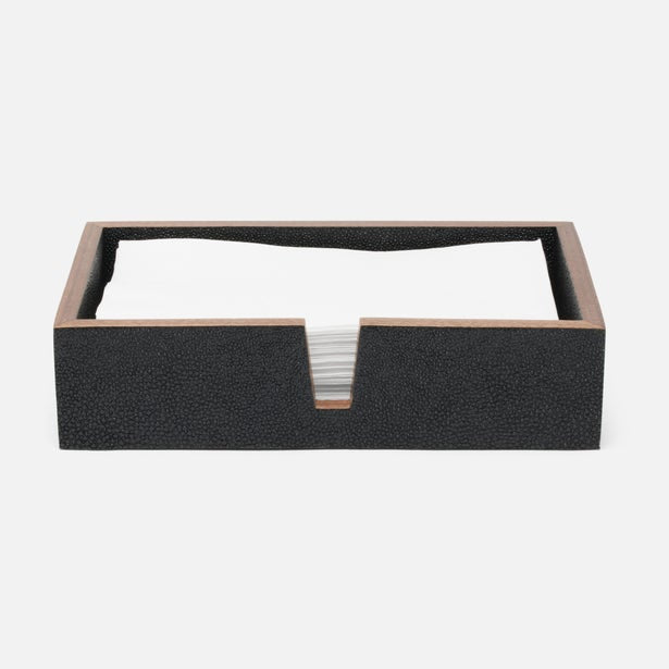 Pigeon & Poodle Manchester black shagreen hand towel tray set with white folded towels.