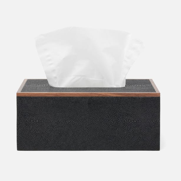 Pigeon & Poodle Manchester tissue box in black shagreen texture with walnut trim.